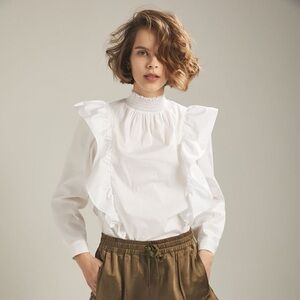 Melissa Nepton White Emme Blouse with Smocked Neck and Ruffles size Large